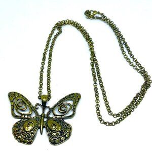 Butterfly Pendant Round Link Chain Necklace Brass Tone Lobster Closure 32 Inches